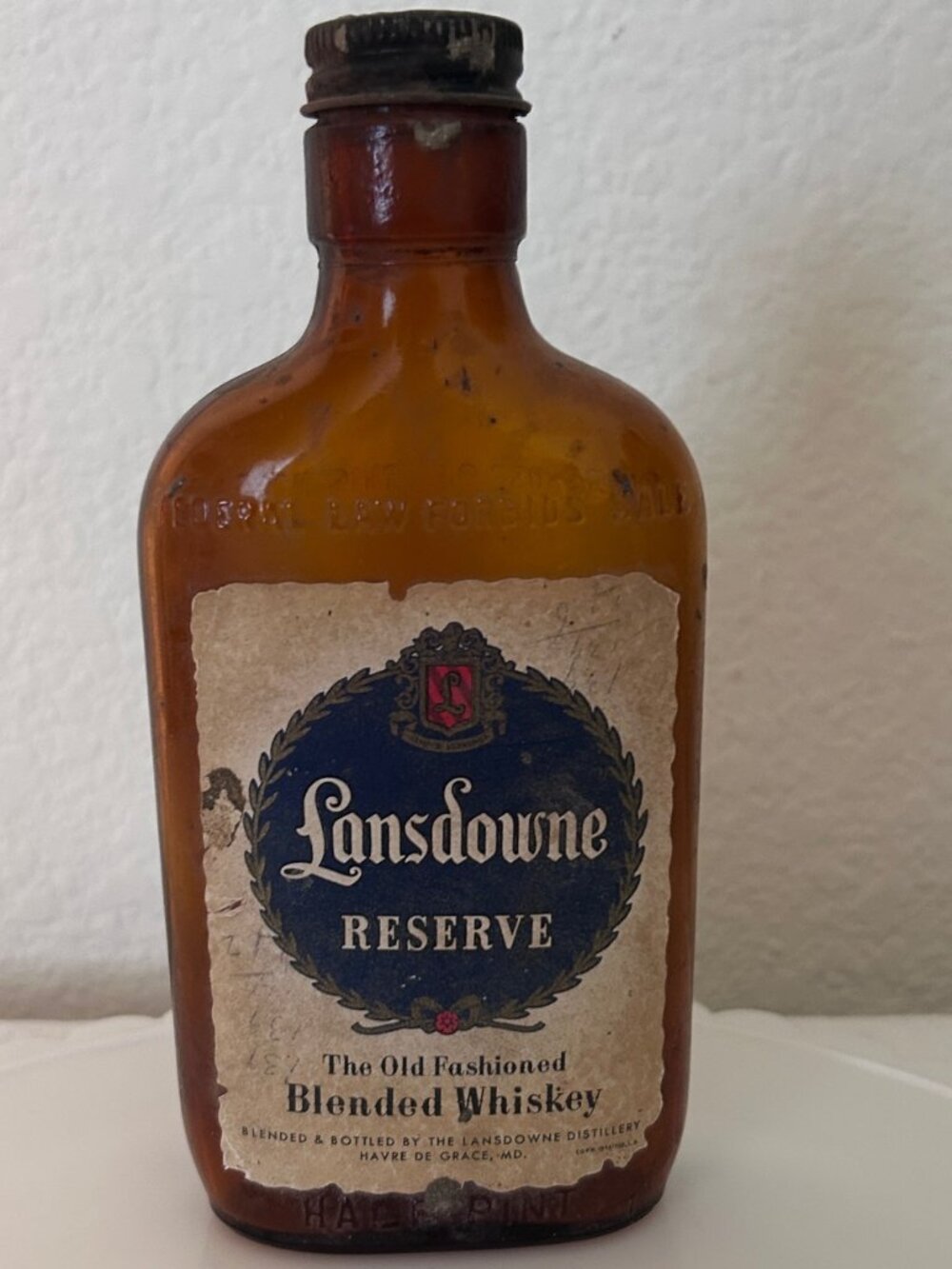 Vintage Landsdowne Reserve Whiskey Bottle Flask Amber Glass Half Pint Empty